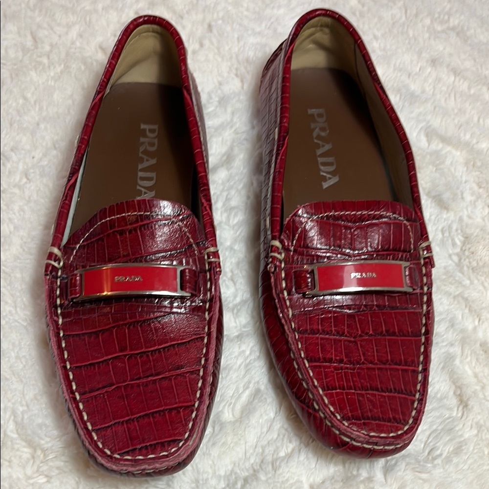 Prada Red Flats with Crocodile Texture and Metallic Accent